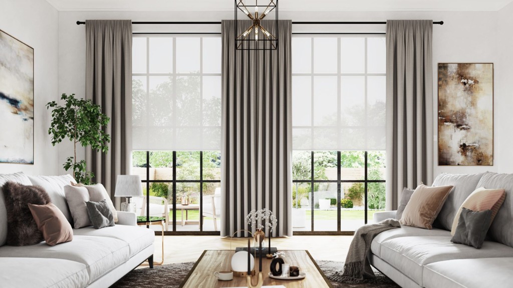 Living room with draperies, roller shades, and black grid windows